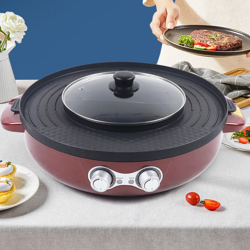 2 in 1 Electric Soup Shabu Pot Smokeless Grill Hot Pot 2200W Red L944