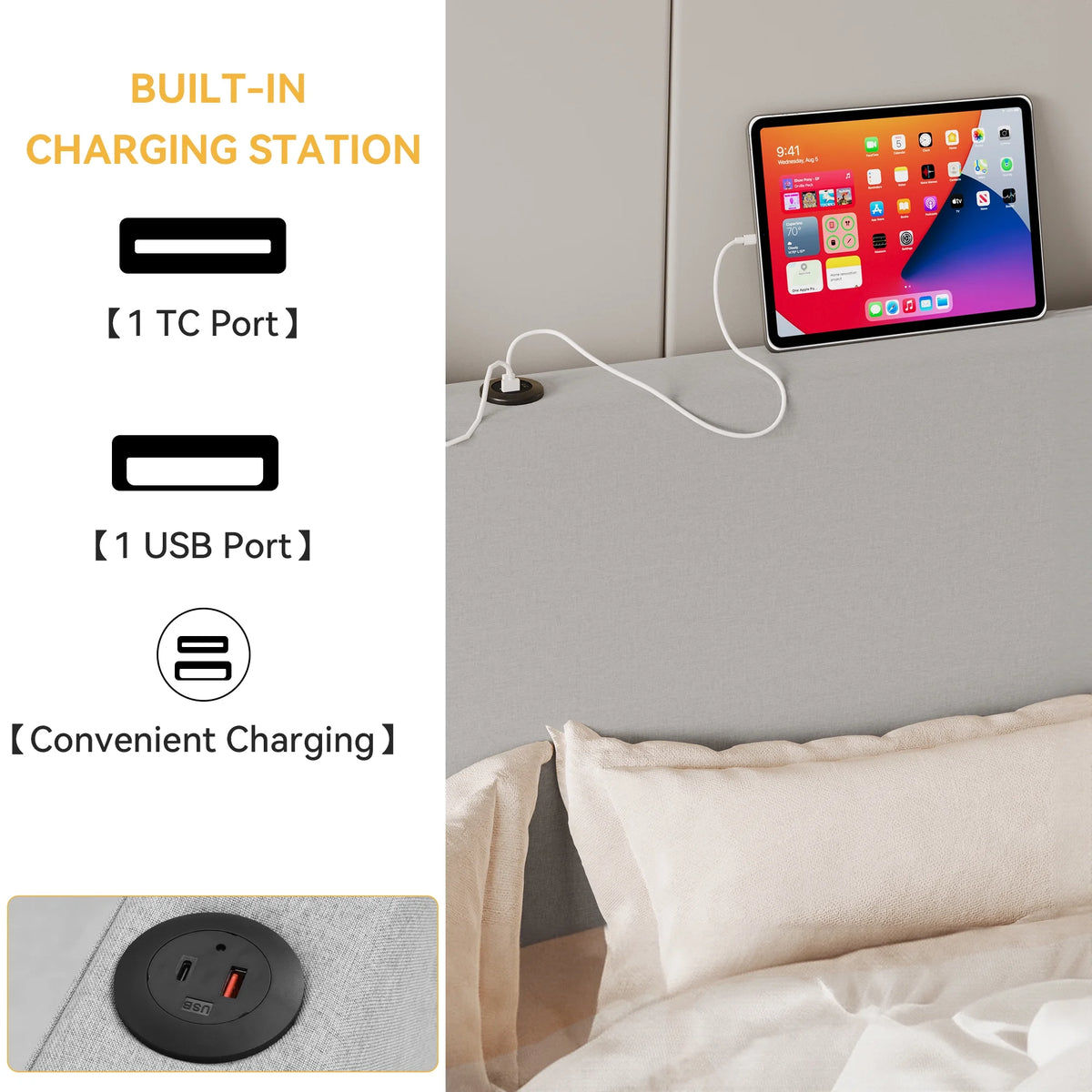 Queen Size Lift-Up Storage Bed with Charging Station and Wingback Headboard S88283