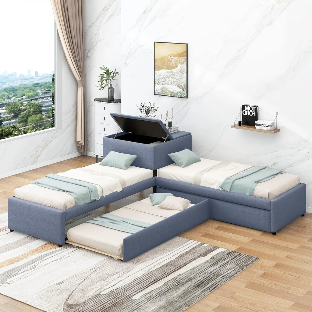 Upholstered L-Shaped Platform Bed Frame With Trundle And Drawers Y419875