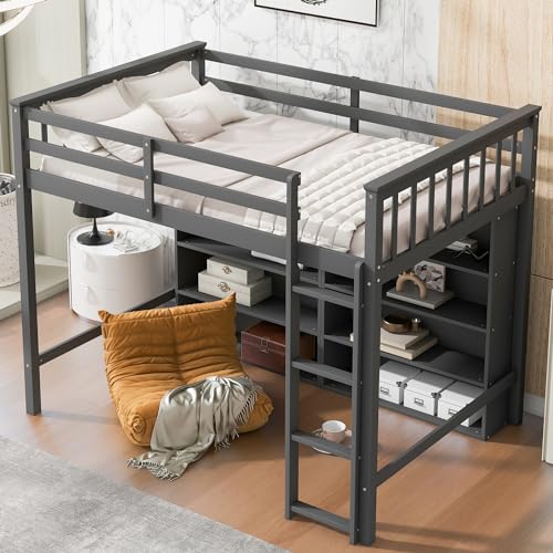 White Full Size Wood Loft Bed with Cabinet and Bookshelf P1028