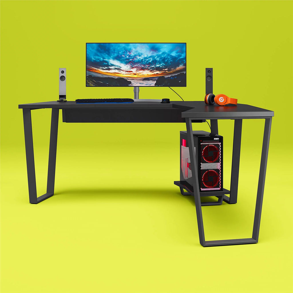 Black Gaming L Desk with CPU Stand Q1654