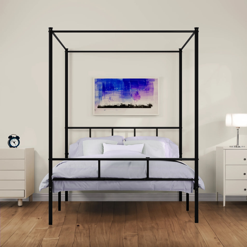 Queen Size Black Metal Canopy Bed Frame with Headboard I3053