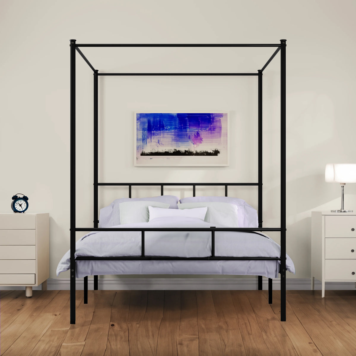 Queen Size Black Metal Canopy Bed Frame with Headboard I3053