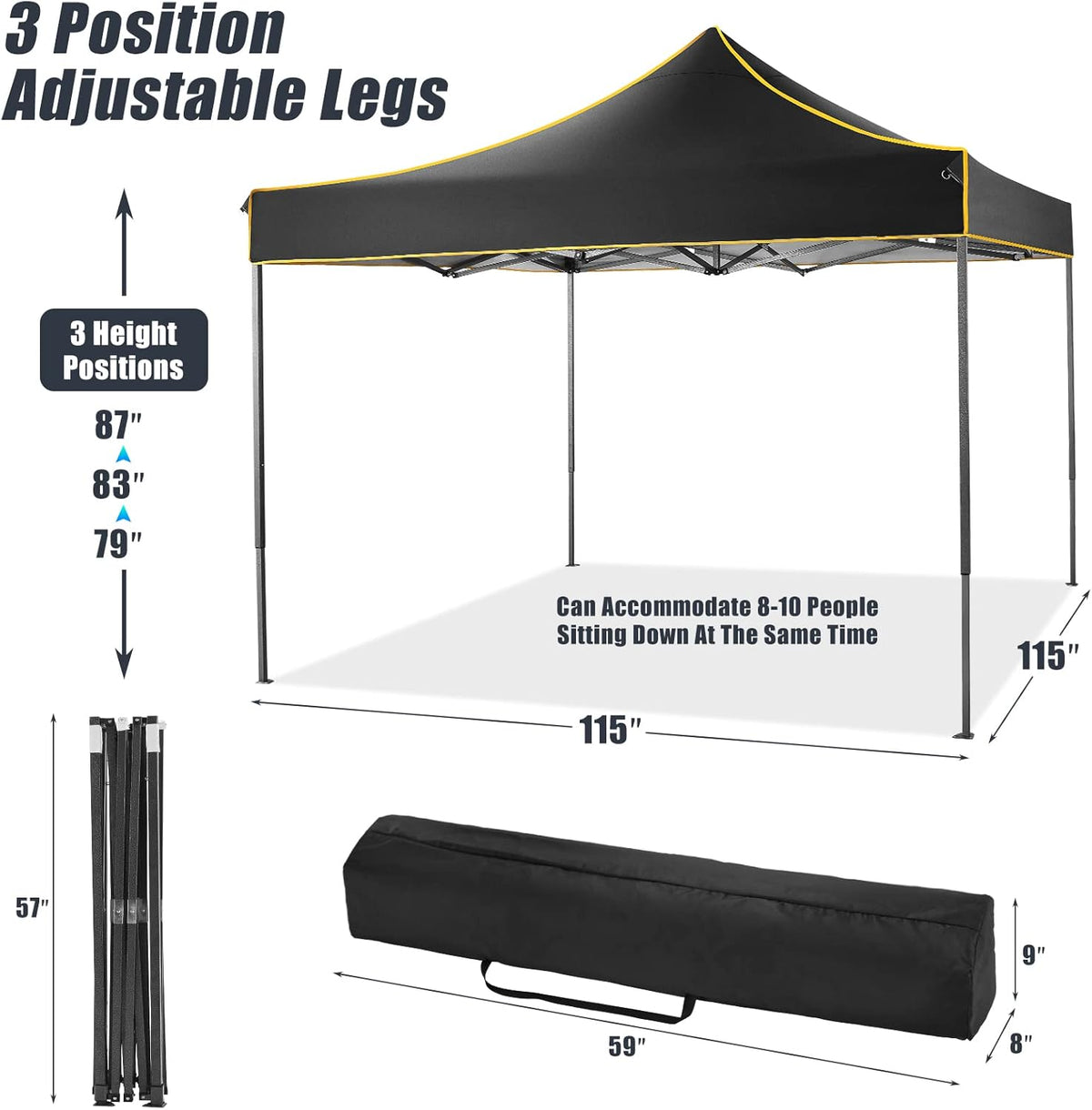 Pop Up Canopy Tent 10x10 Waterproof Portable Folding with Carry Bag (Black) V3572