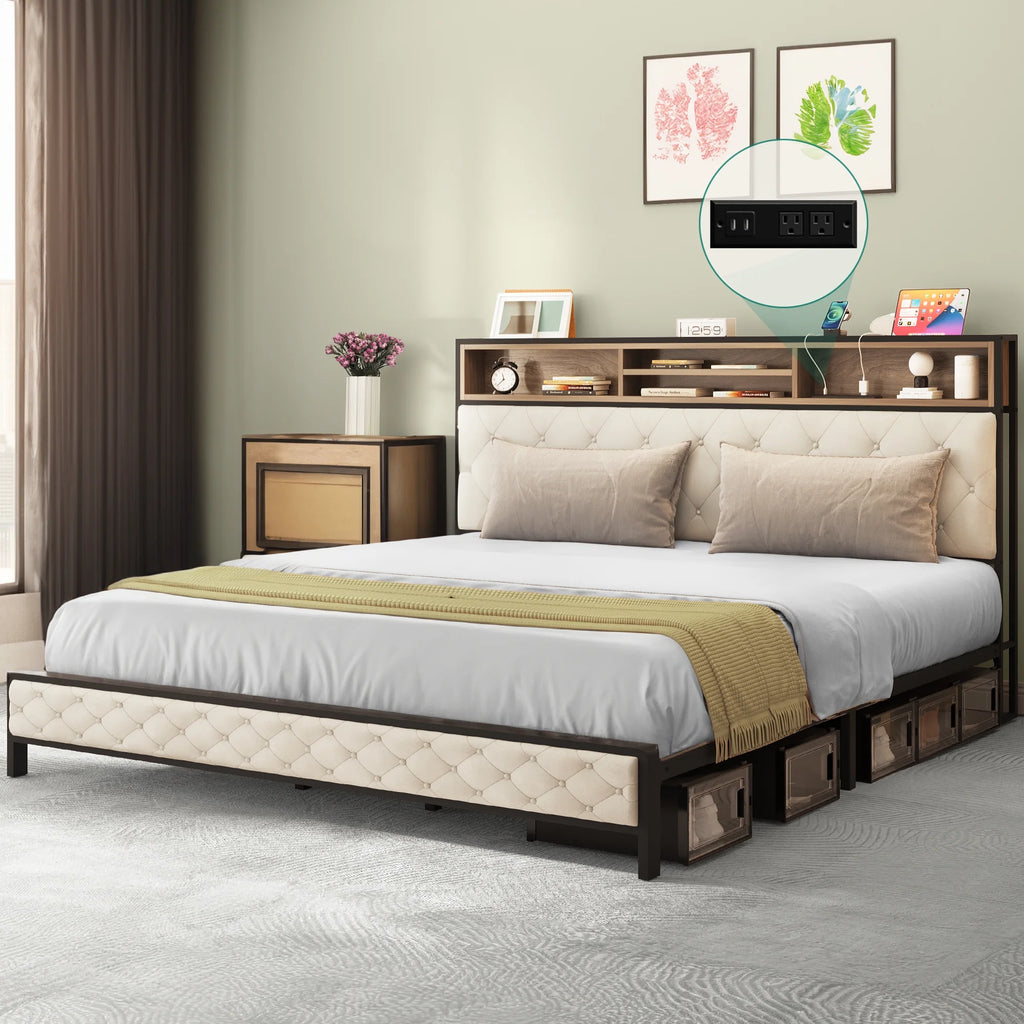 Queen Size Beige Metal Bed Frame with Storage Headboard R659