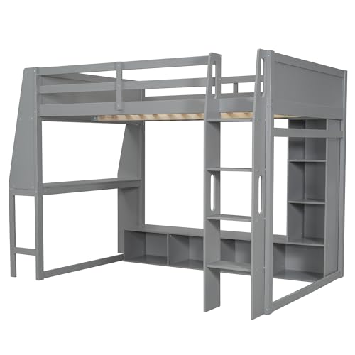Full Size Solid Wood Loft Bed with Desk and Storage, Grey K3841