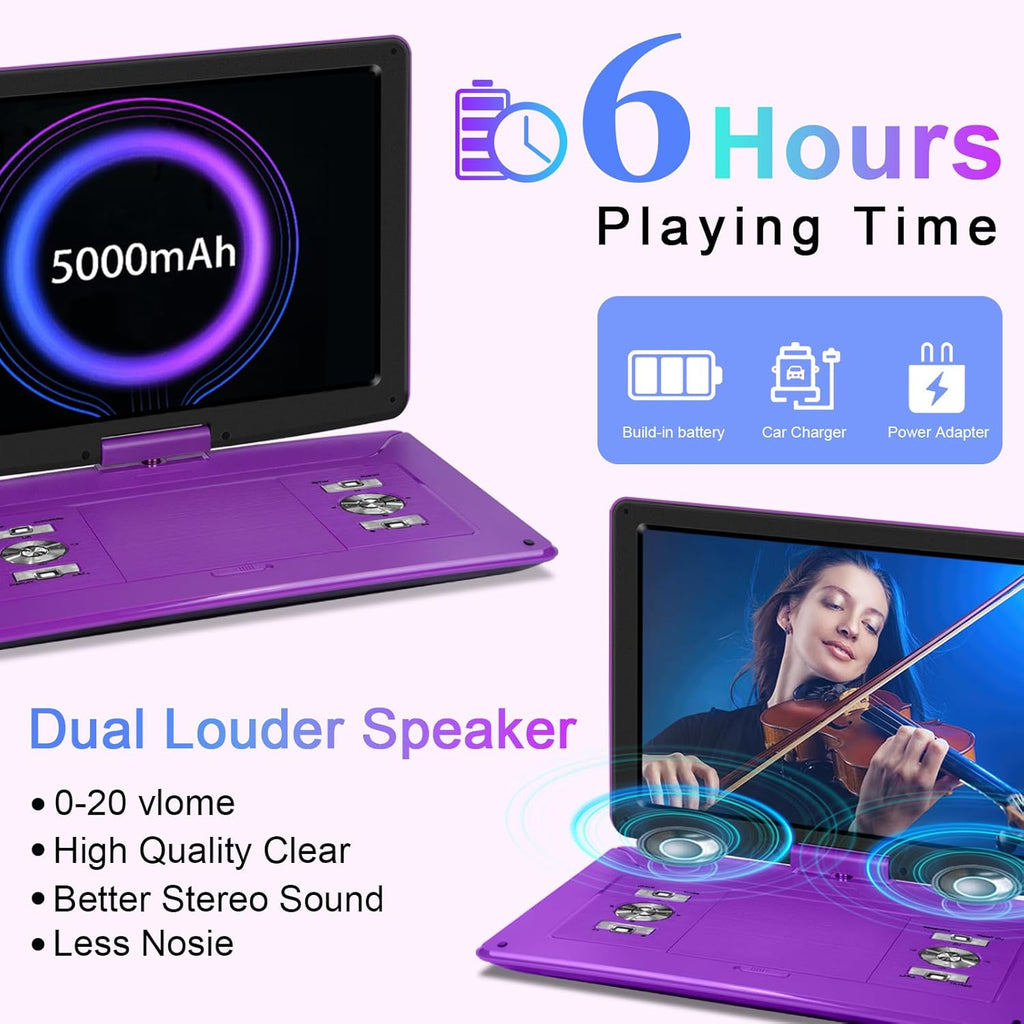 17.5" Portable DVD Player with 15.6" HD Screen, 6 Hours Rechargeable Battery, Purple U271067