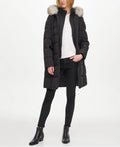 Black Belted Faux-Fur-Trim Hooded Puffer Coat F27671