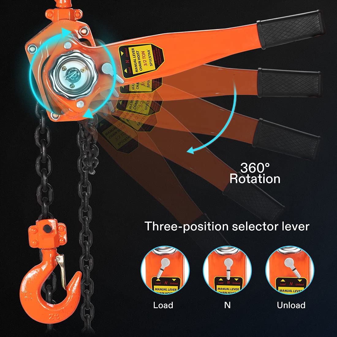 Lever Chain Hoist 1-1/2 Ton Capacity 10 Feet with 2 Hooks J471