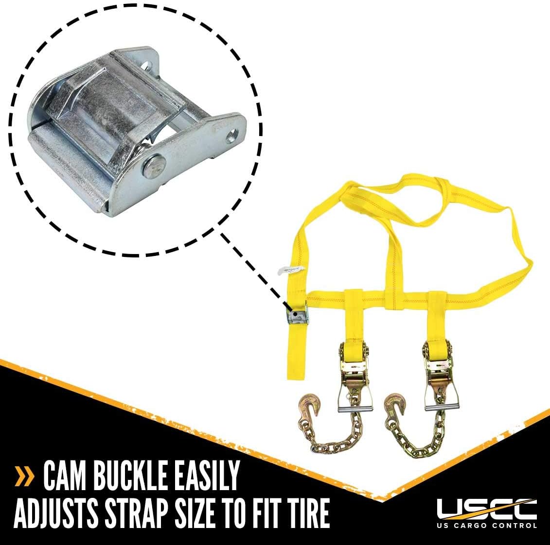 Side Mount Wheel Net with Cam Buckle, Two Ratchets and Chain Extensions, Polyester Webbing P998