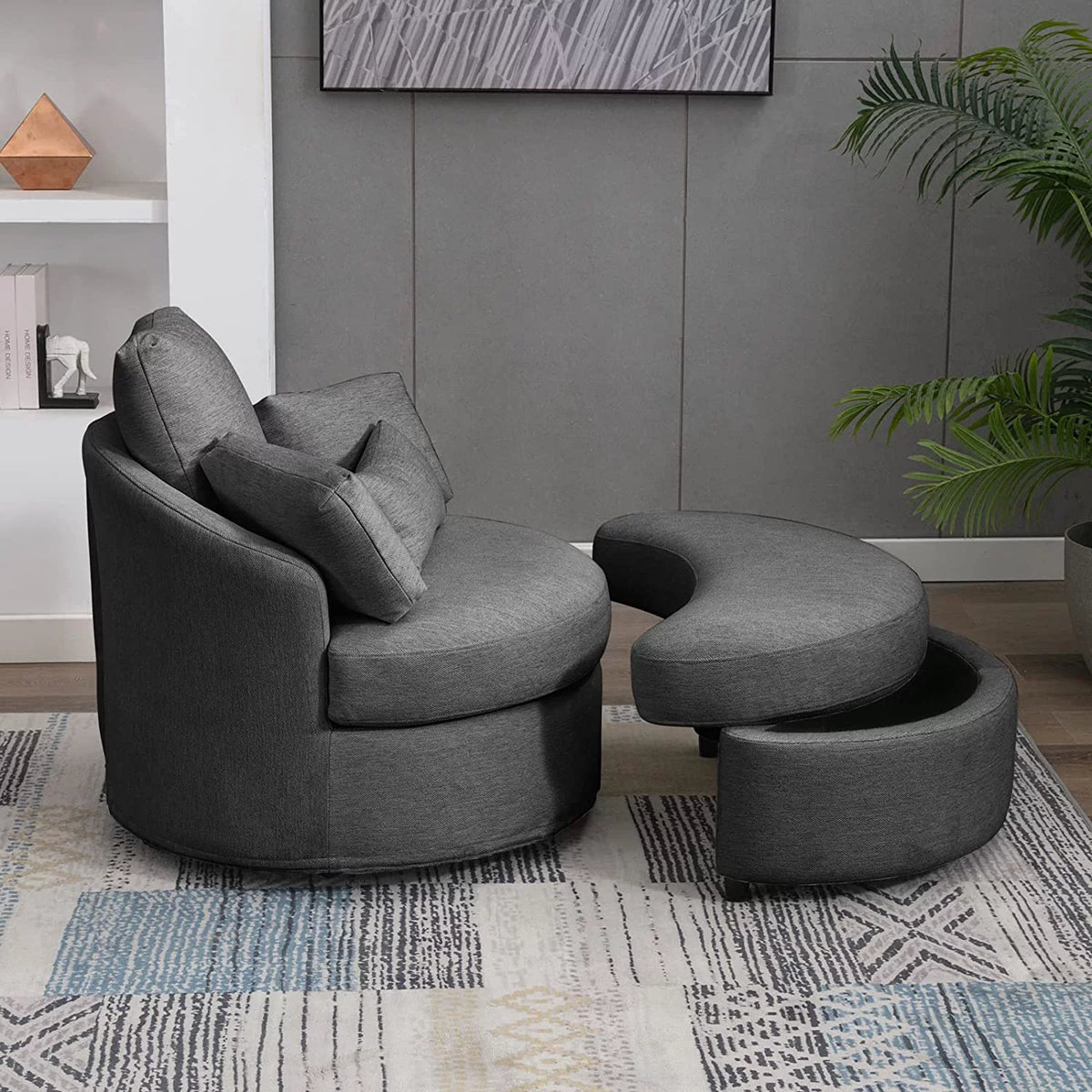 Dark Grey Linen Accent Barrel Sofa Chair with Storage Ottoman P5498