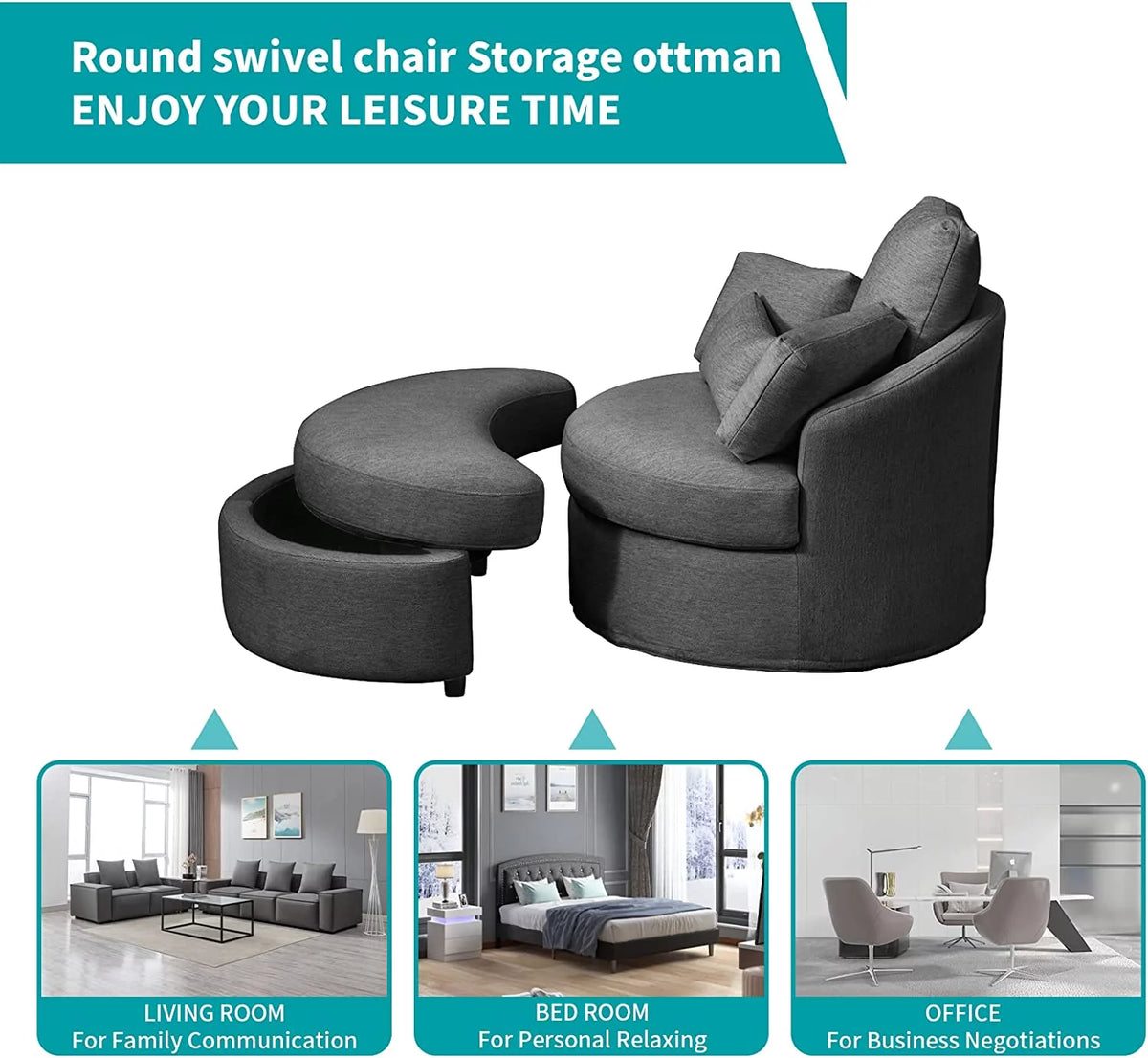 Dark Grey Linen Accent Barrel Sofa Chair with Storage Ottoman P5498