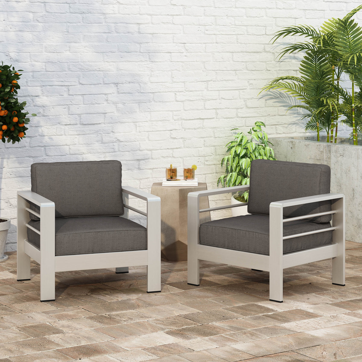 Aluminum Club Chairs with Cushions, Set of 2, Gray G6036
