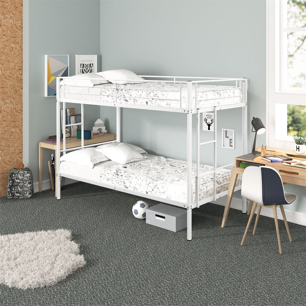 White Twin over Twin Bunk Bed with Guardrail and 2 Side Ladders D16833