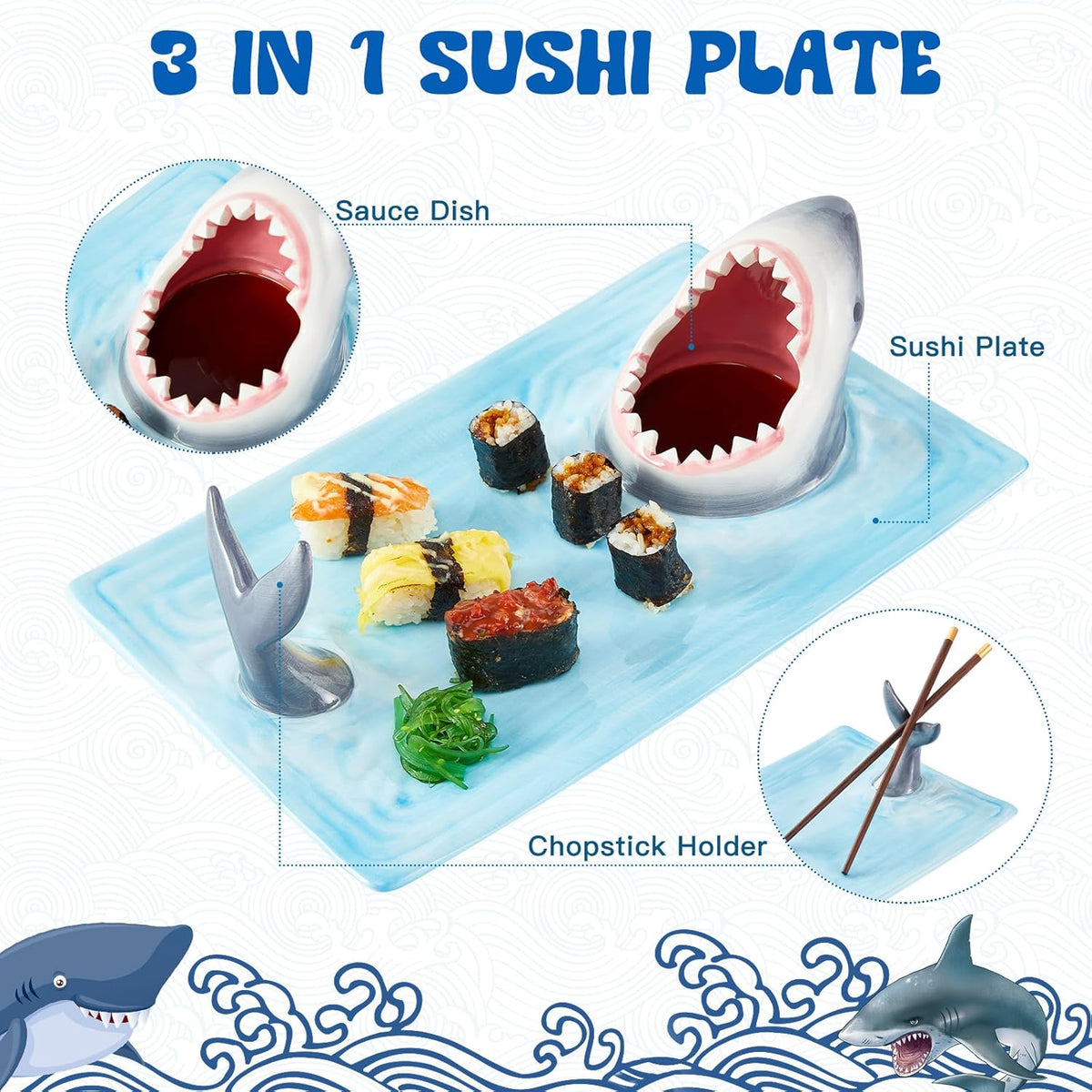 Ceramic Sushi Plate Serving Platter with Soy Sauce Bowl and Chopstick Holder H177526