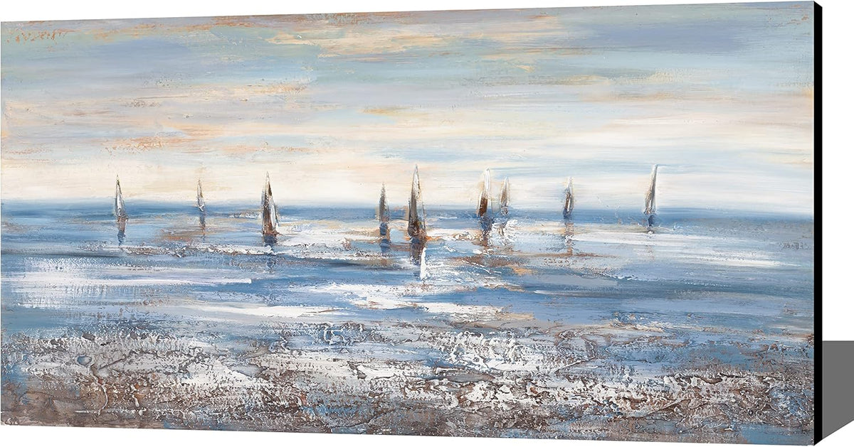 Abstract Sailboat Canvas Wall Art Grey And Blue Ocean Sailing Landscape Hand-Painting 24x48 Inch Unframe A21093