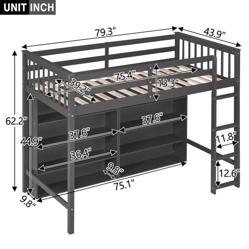 White Full Size Wood Loft Bed with Cabinet and Bookshelf P1028
