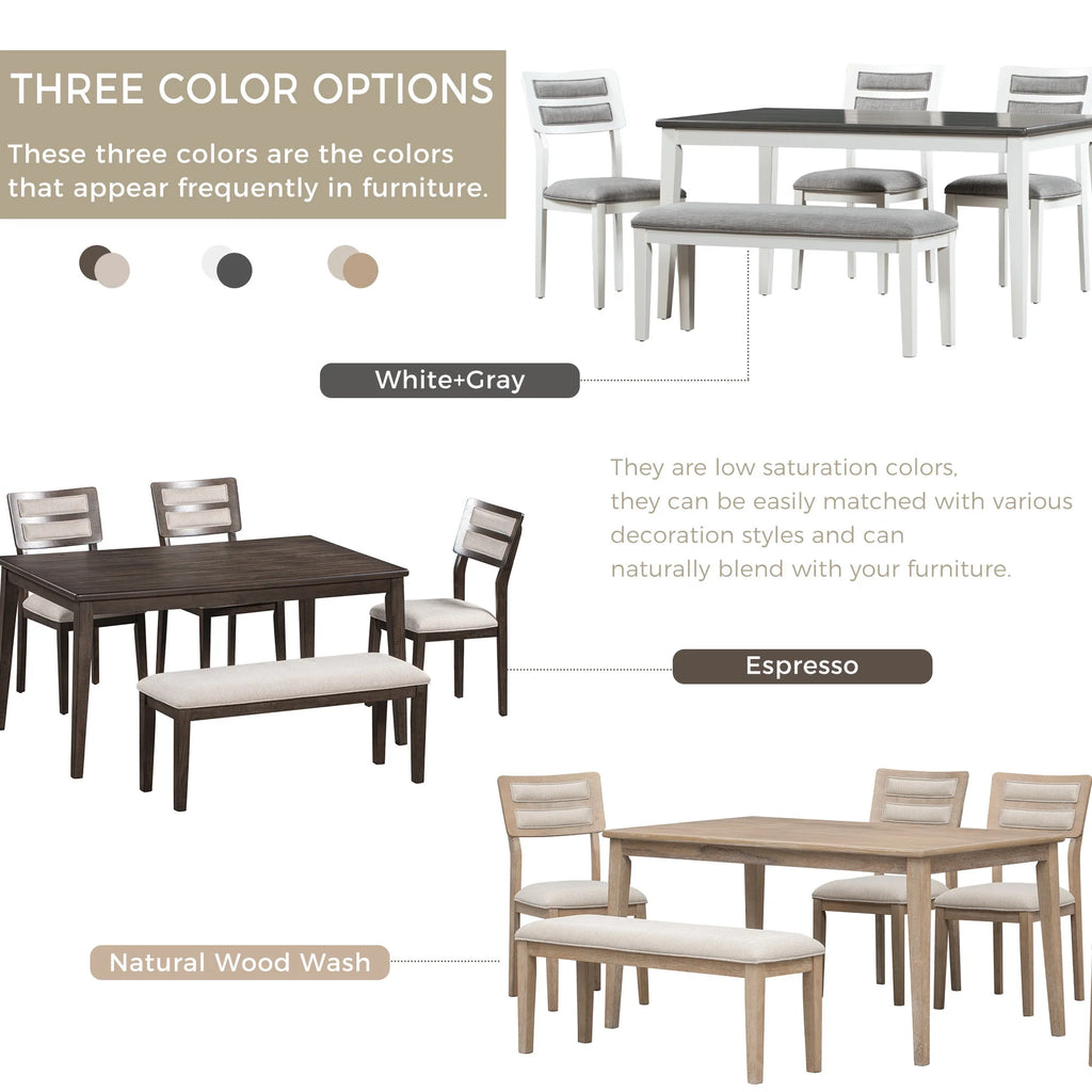 6 Piece Dining Table and Chair Set with 4 Upholstered Chairs and Bench L542