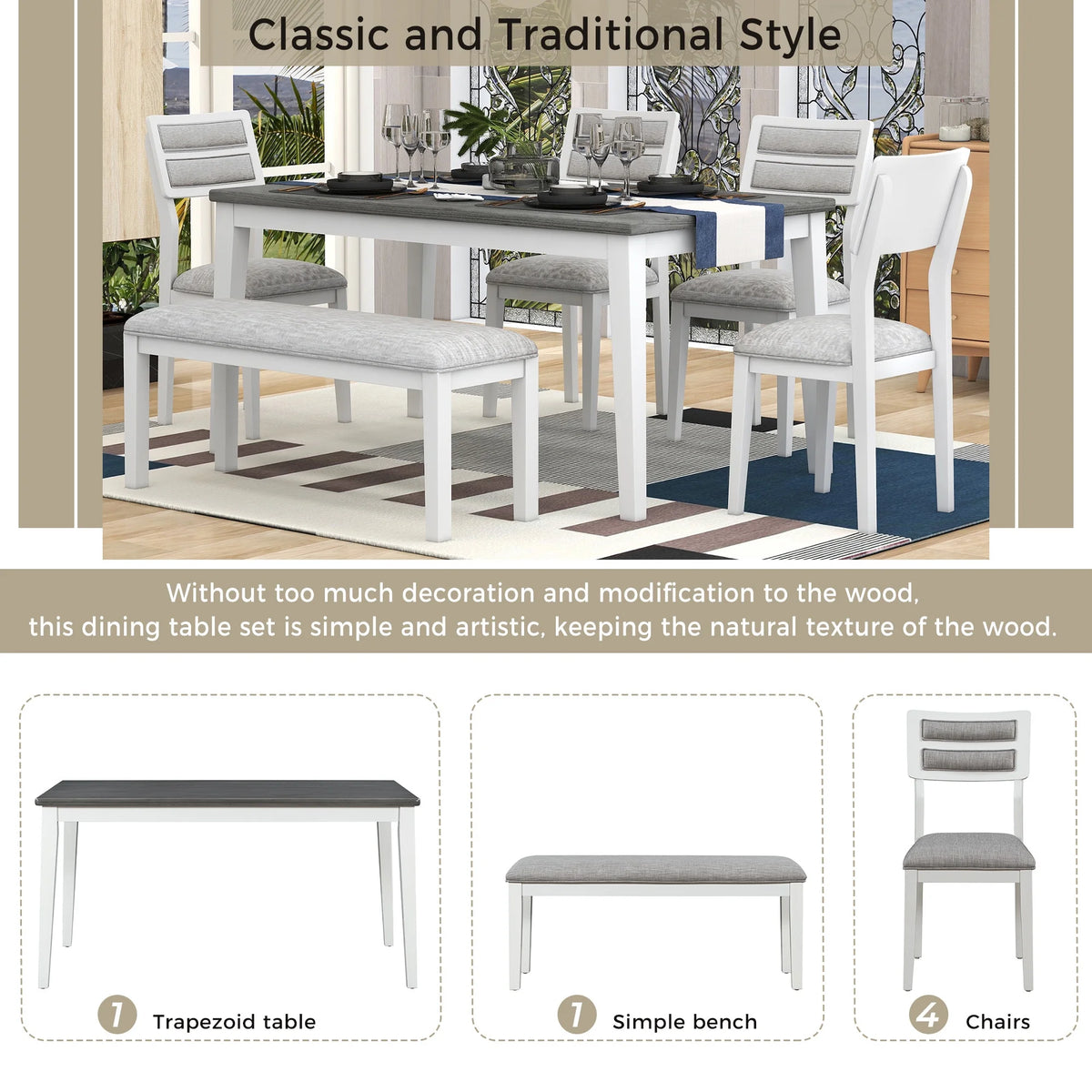 6 Piece Dining Table and Chair Set with 4 Upholstered Chairs and Bench L542