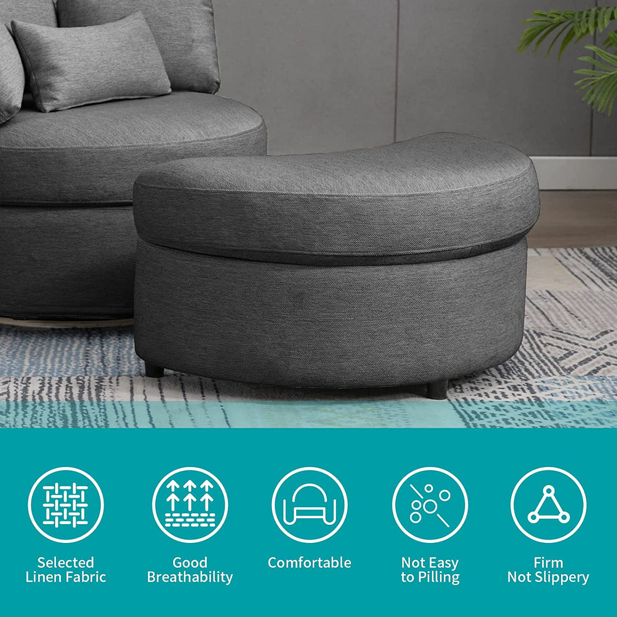 Dark Grey Linen Accent Barrel Sofa Chair with Storage Ottoman P5498