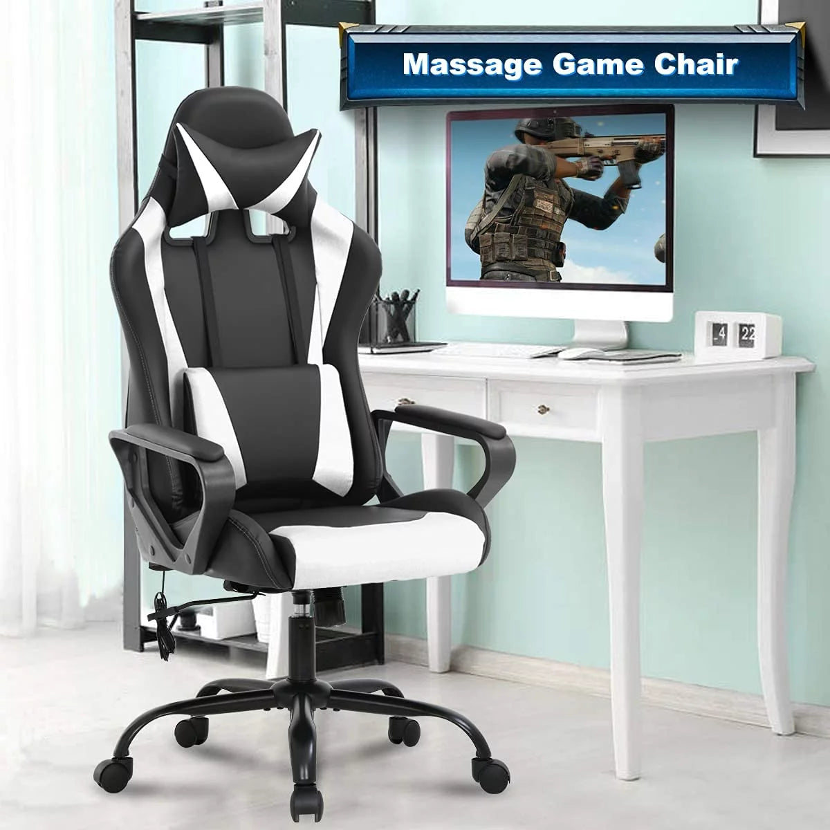 White Massage Gaming Chair with Headrest and Lumbar Support A479