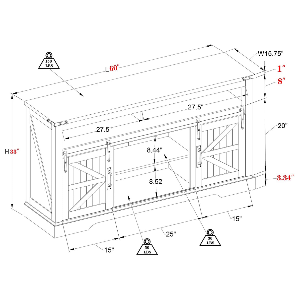 60-Inch Sliding Barn Door Wooden TV Stand V24861