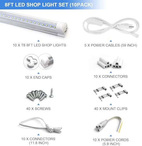 10-Pack 8ft 90W T8 Integrated LED Tube Light 6500K 12000LM V-Shape Linkable Clear Cover B318