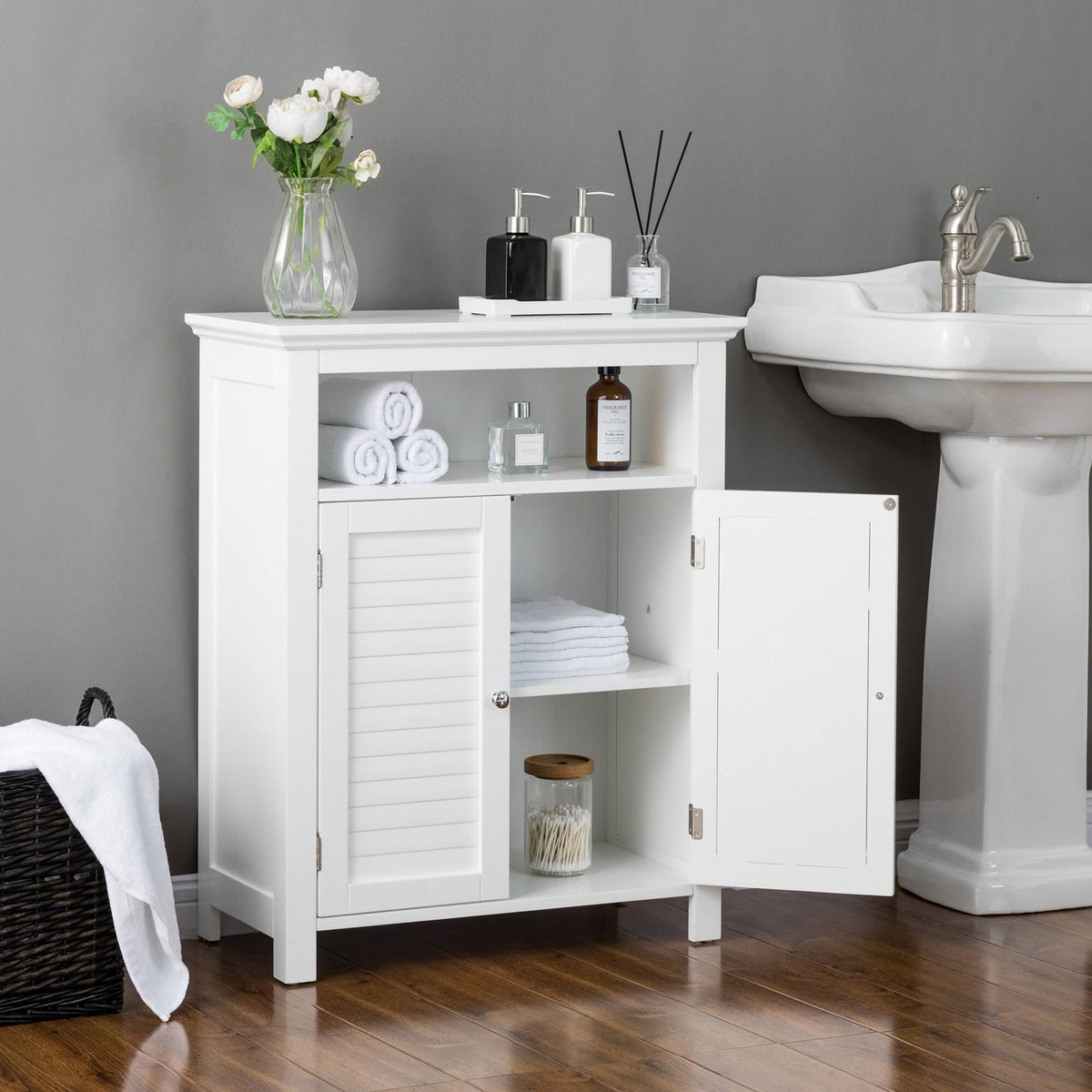 White Shelved Floor Cabinet with 2 Shutter-Door D913758