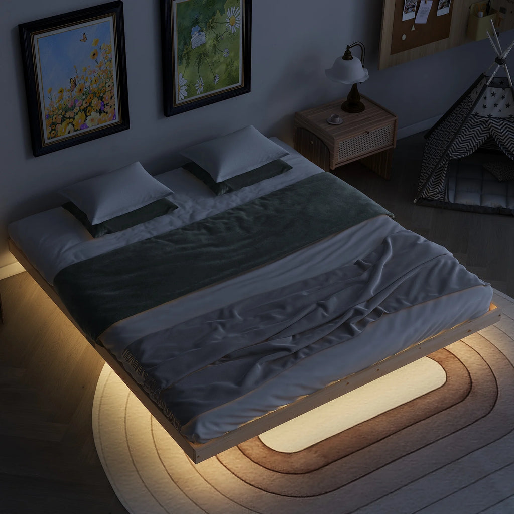 White Full Size Floating Bed Frame with LED Lights V5728
