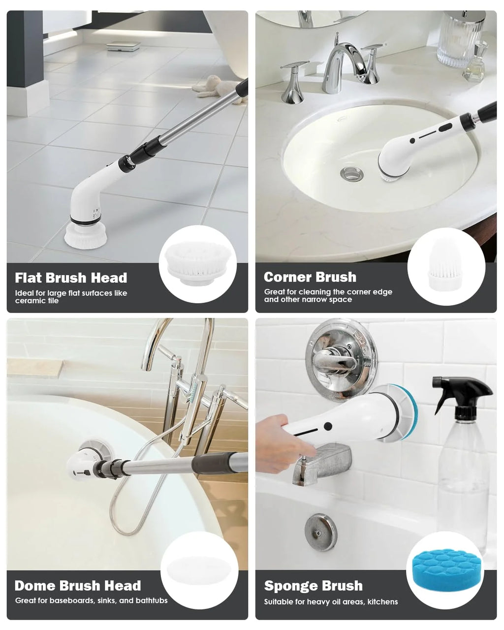 Cordless Electric Spin Scrubber with Long Handle 8 Replaceable Heads U434567