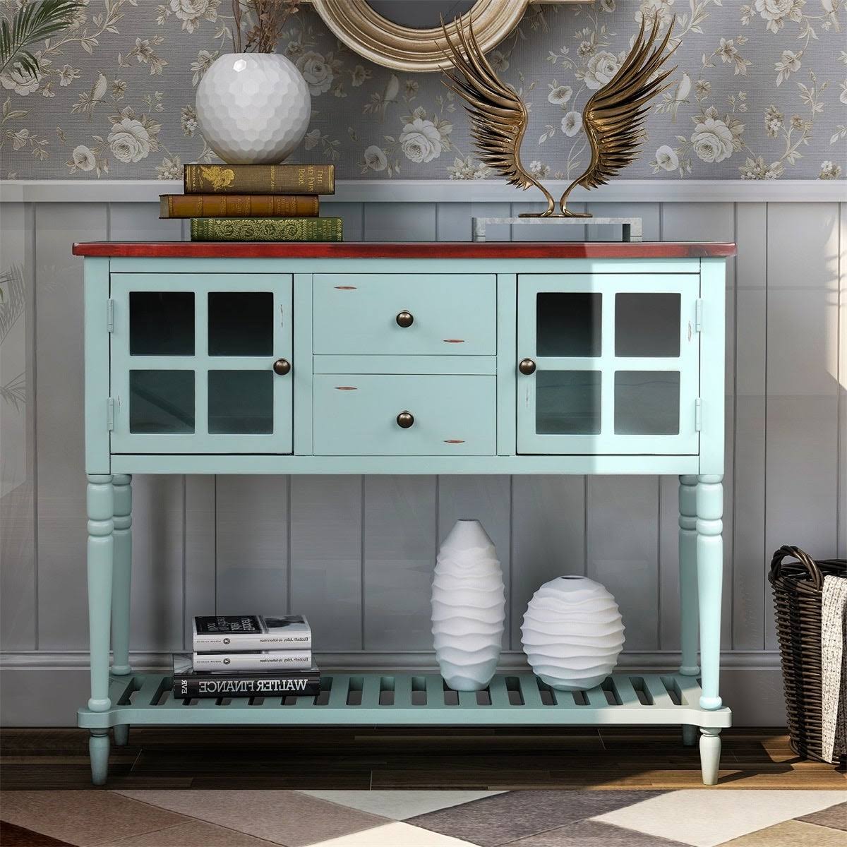 White Farmhouse Console Table with Glass Cabinet and Bottom Shelf X720