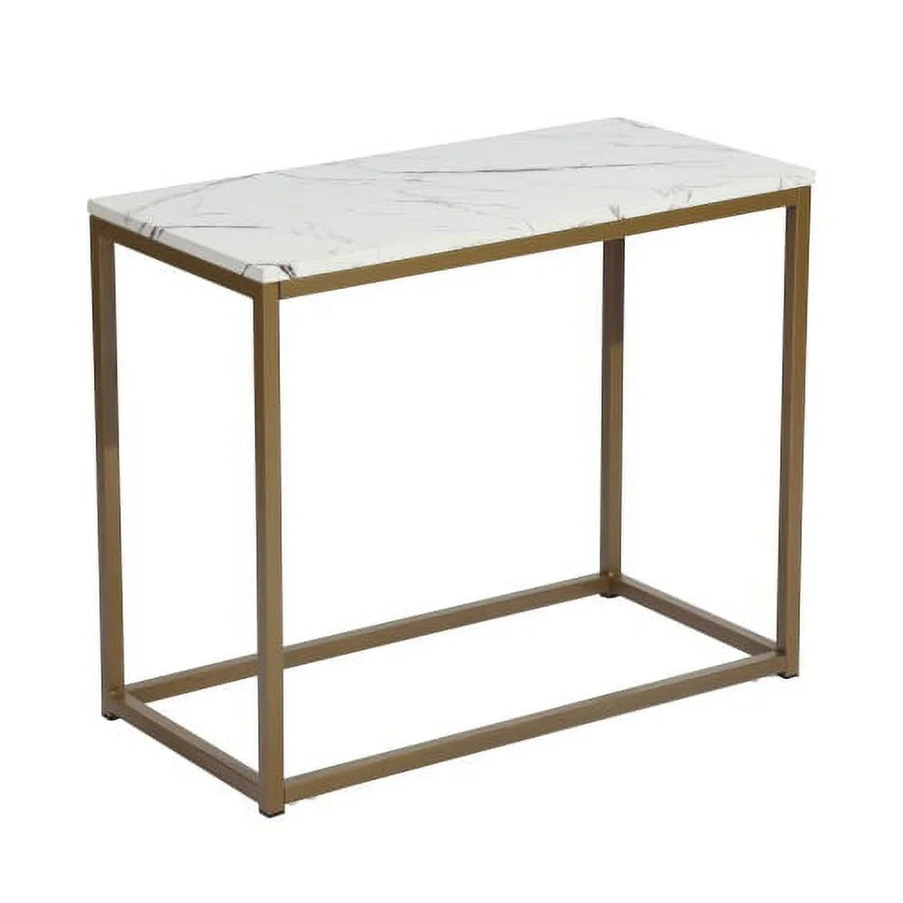 Open Rectangular Wood Side End Table, 28 Inch, Marble & Gold U1665