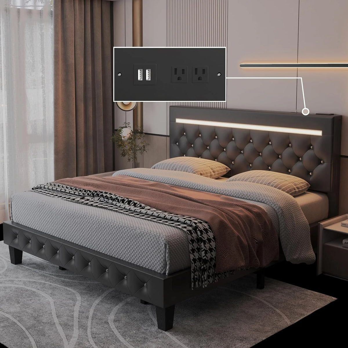 Full Size LED Leather Bed Frame with Headboard Y264332