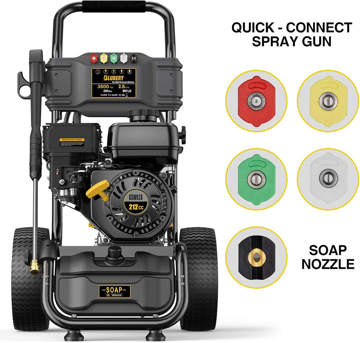 3500PSI Gas Pressure Washer 2.6GPM 212CC Power Washer with 50FT Hose and 5 Adjustable Nozzles A16658