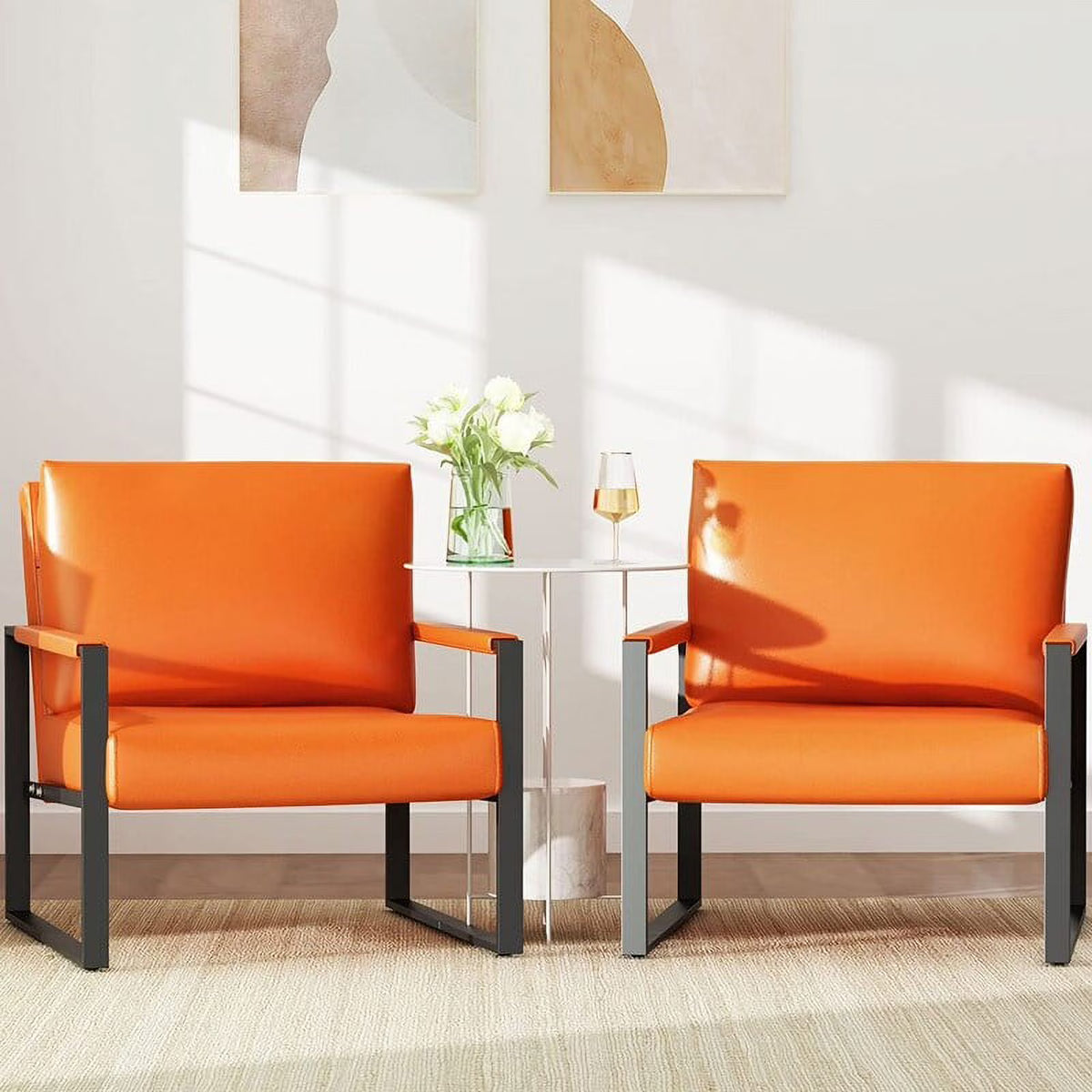 Set of 2 Orange PU Leather Armchairs with Steel Frame X21094