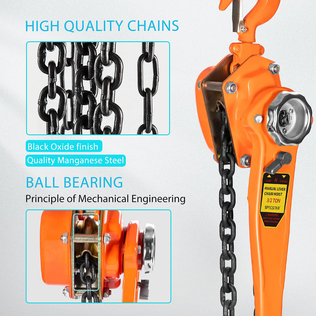 Lever Chain Hoist 1-1/2 Ton Capacity 10 Feet with 2 Hooks J471