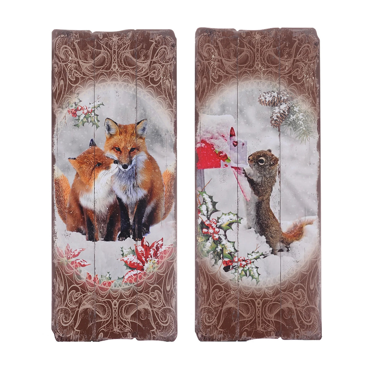 Winter Fox and Squirrel Plaques 23.5" Brown and Orange 2ct X905