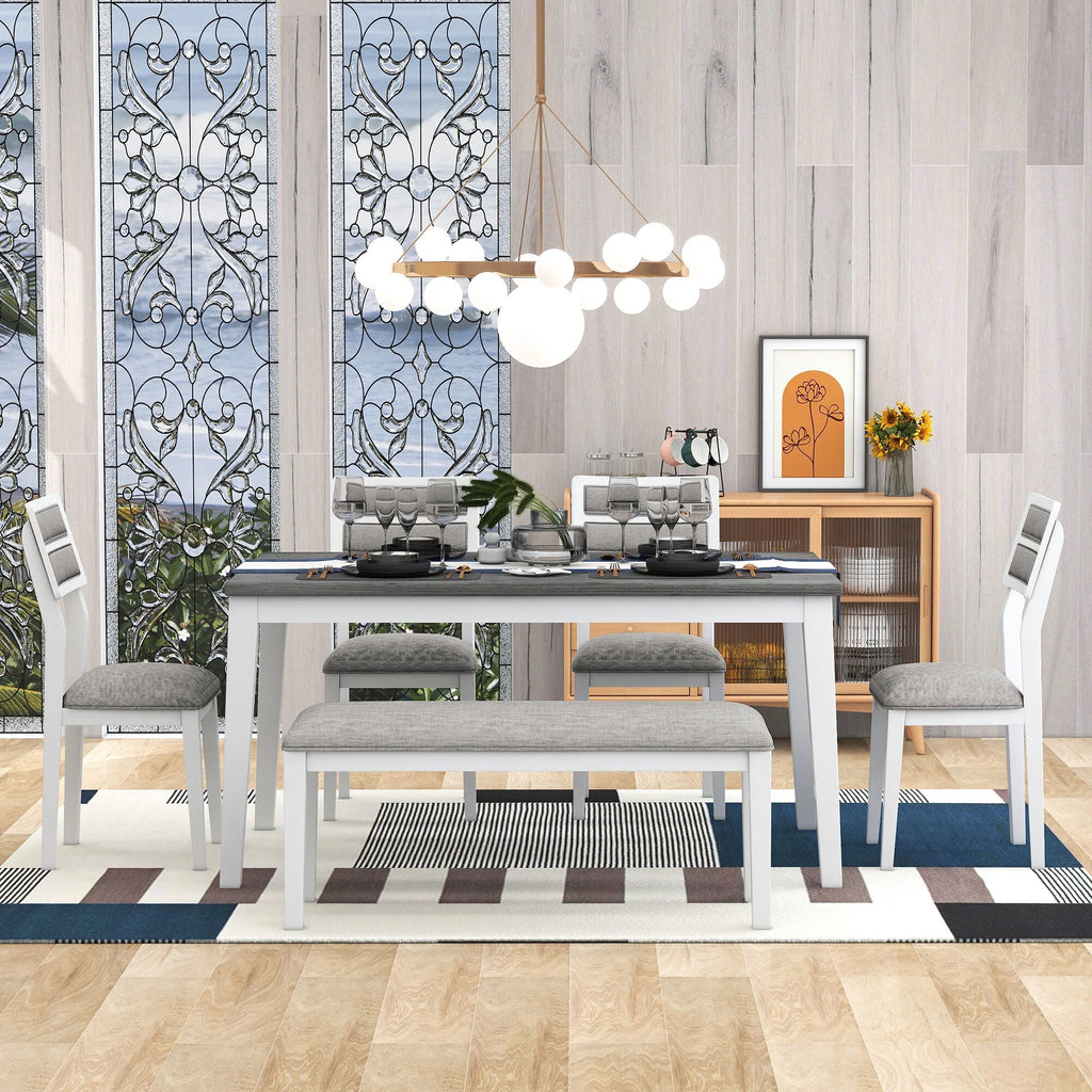 6 Piece Dining Table and Chair Set with 4 Upholstered Chairs and Bench L542
