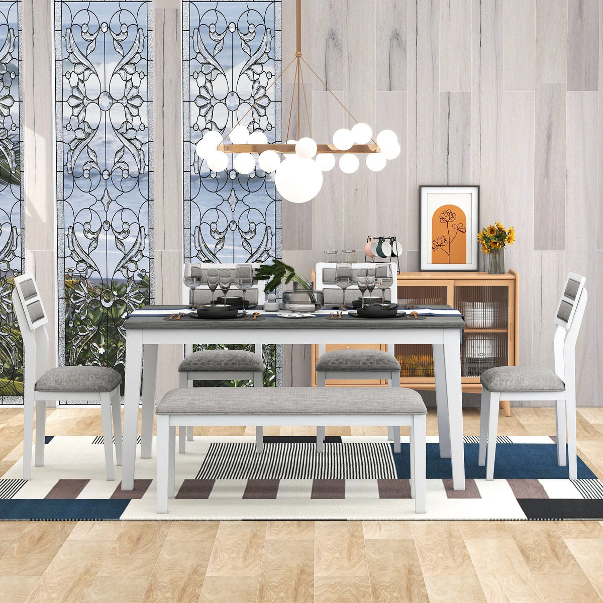 6 Piece Dining Table and Chair Set with 4 Upholstered Chairs and Bench L542