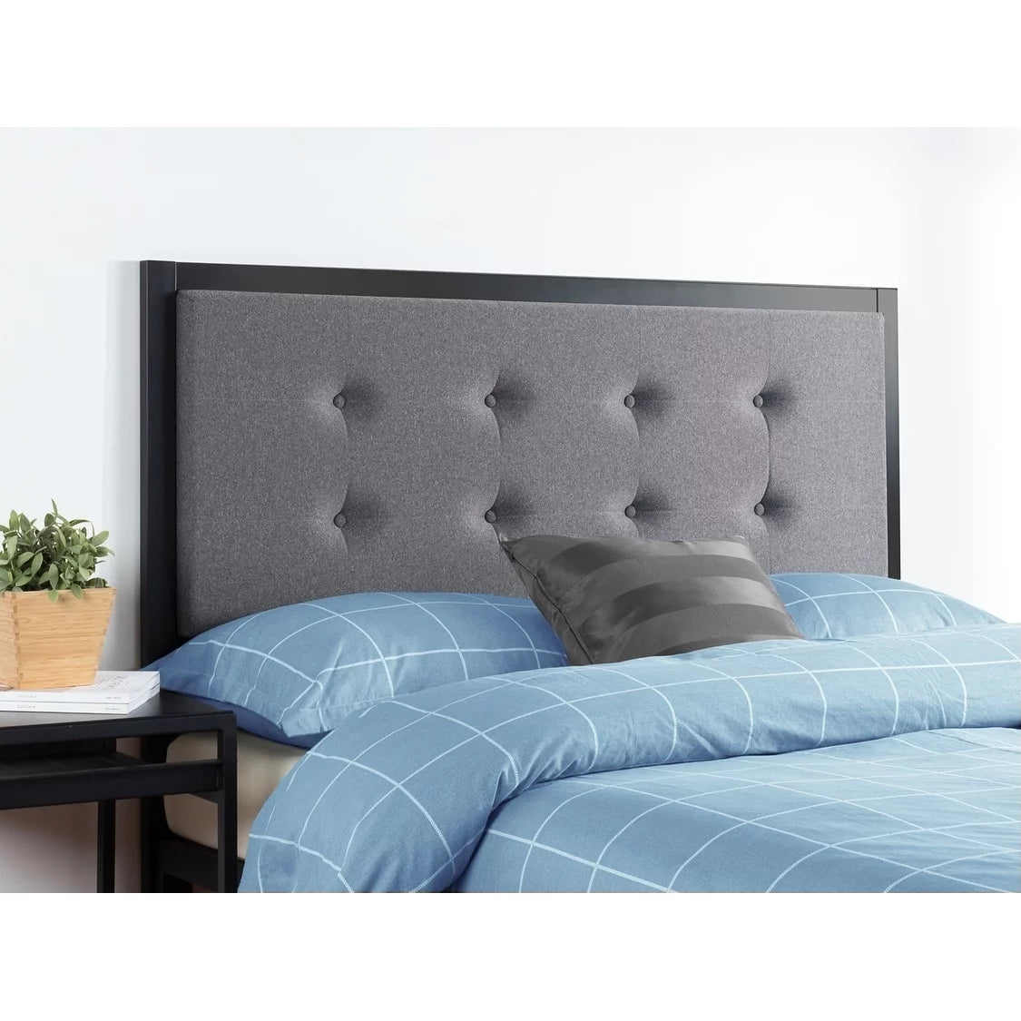 Queen Size Grey Upholstered Button Tufted Metal Headboard U79599