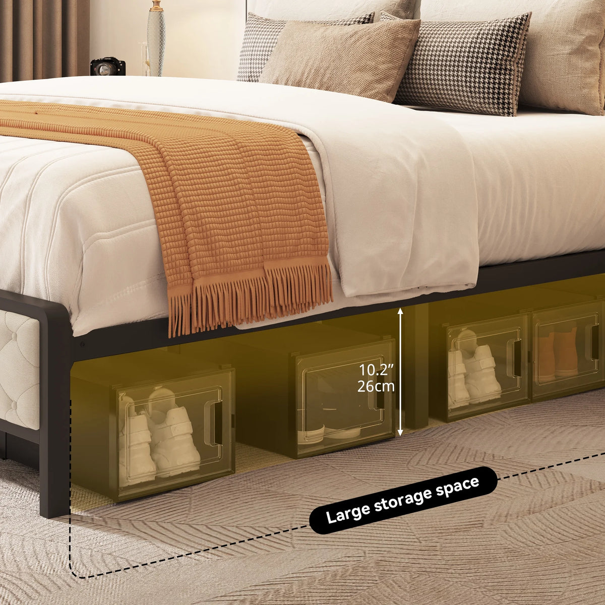 Queen Size Beige Metal Bed Frame with Storage Headboard R659