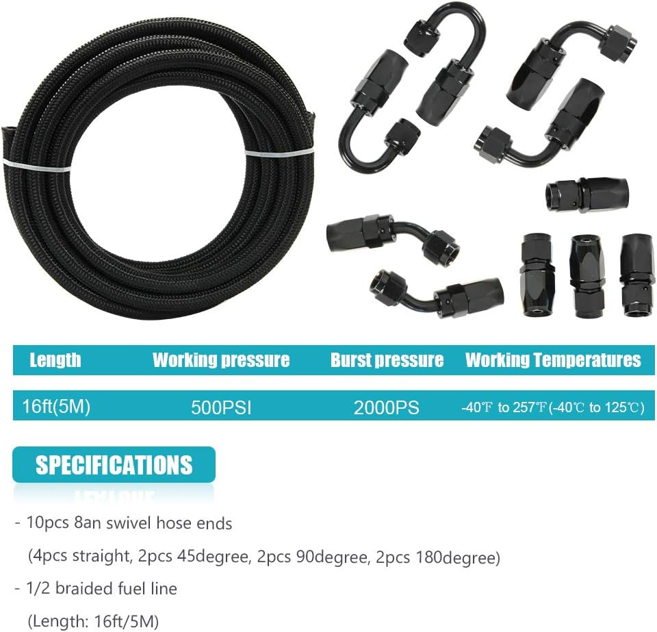 1/2" 8AN 16FT Nylon Stainless Steel Braided Fuel Line Kit H552564