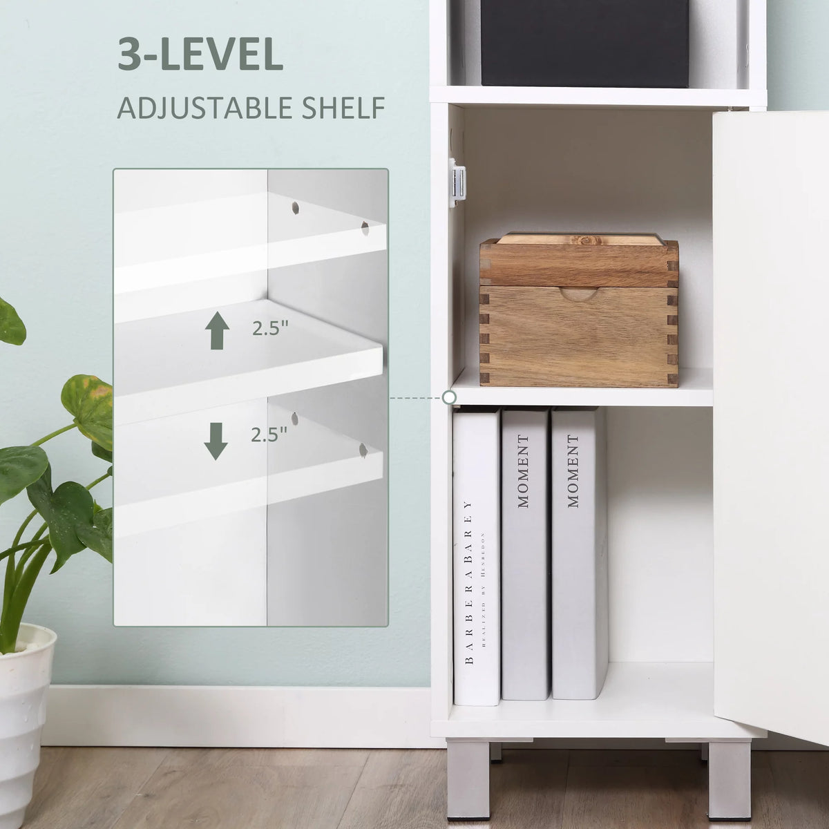 Tall White Wooden Bathroom Storage Cabinet with Mirror U6492