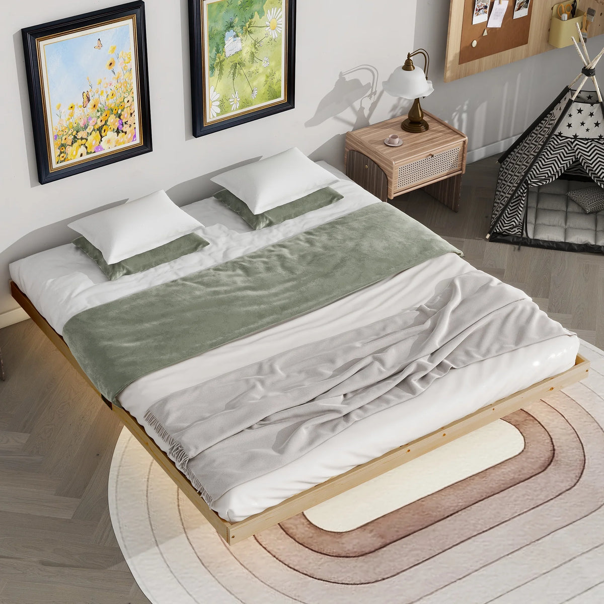 White Full Size Floating Bed Frame with LED Lights V5728