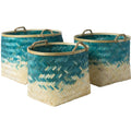 Set of 3 Blue and Beige Bamboo Basket N440