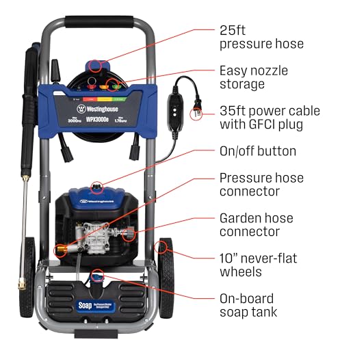 Electric Pressure Washer, 3000 Max PSI, 1.76 Max GPM, Induction Motor, Onboard Soap Tank, Spray Gun and Wand, 5 Nozzle Set Q35047