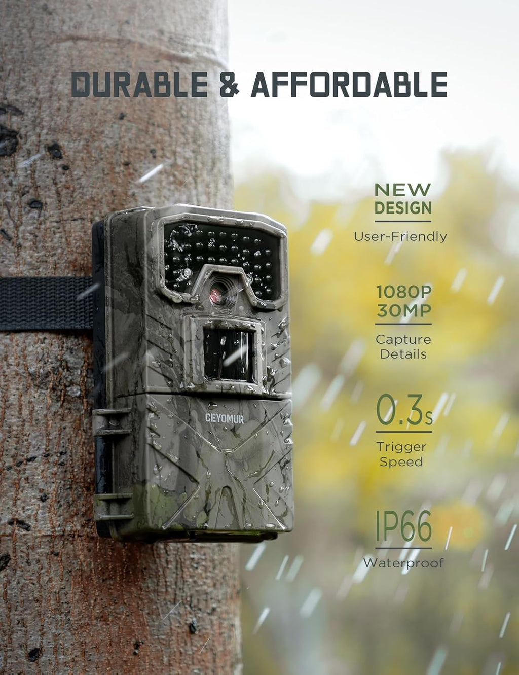 30MP 1080P Trail Camera with Low Glow IR LEDs Night Vision Motion Activated IP66 Waterproof J166
