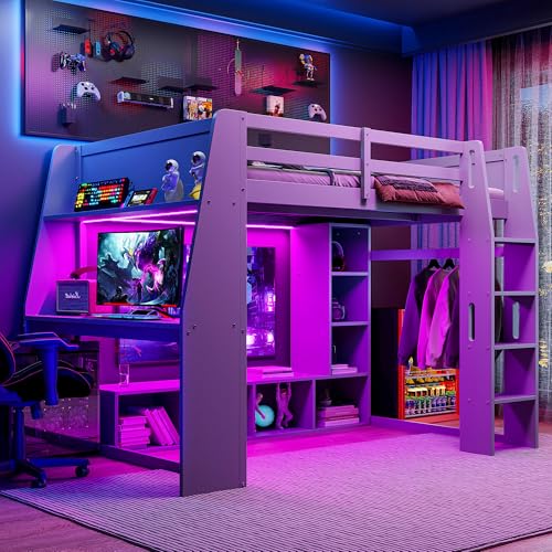 Full Size Solid Wood Loft Bed with Desk and Storage, Grey K3841