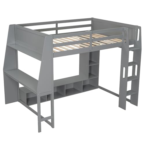 Full Size Solid Wood Loft Bed with Desk and Storage, Grey K3841