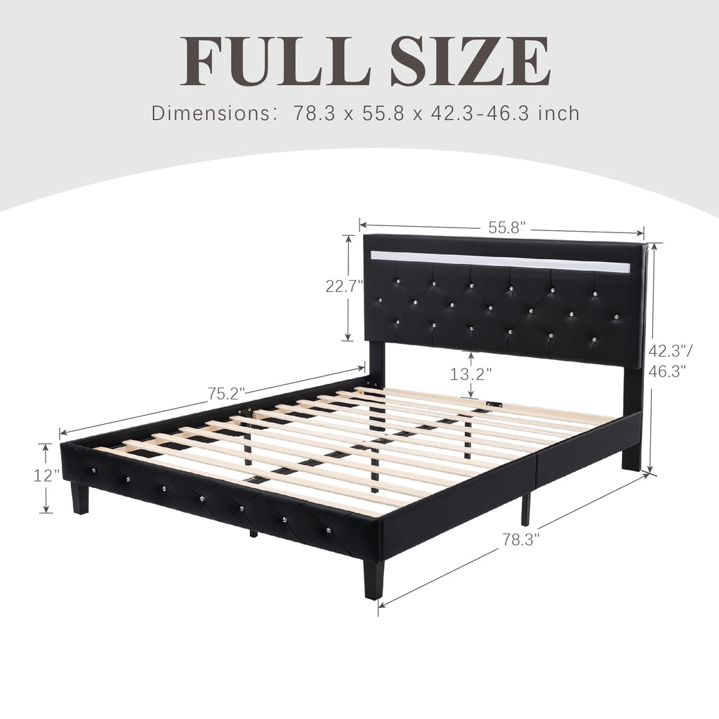 Full Size LED Leather Bed Frame with Headboard Y264332